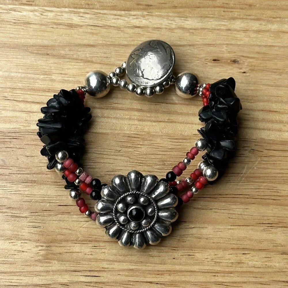 VTG‎ Flower Sterling Silver Bracelet Buffalo Nickel Clasp Black Onyx Red Beads